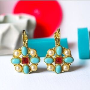 18k Gold Plated Turquoise Ruby Crystal Pearl Maltese Cross Earrings